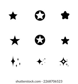 Set von neuem Stil schwarzen Vektorstar einzeln auf weiß. Vektorsymbol-Stern einzeln auf weißem Hintergrund. Sterne-Symbole. Zwirnen von Sternen. Falten, leuchtend. 