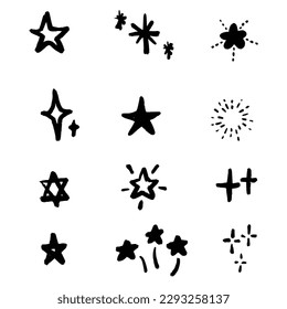 Set of new style black vector star isolated on white. Vector symbols star isolated on white background. Star icons. Twinkling stars. Sparkles, shining. 