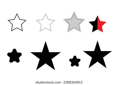 Conjunto de nueva estrella vectorial negra de estilo aislado en blanco. Estrella de símbolos vectores aislada en fondo blanco. Iconos de estrella. Estrellas de guijarros. Parkles, brillando. 