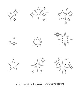Set von neuem Stil schwarzen Vektorstar einzeln auf weiß. Vektorsymbol-Stern einzeln auf weißem Hintergrund. Sterne-Symbole. Zwirnen von Sternen. Falten, leuchtend. 