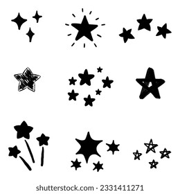 Set of new style black vector star isolated on white. Vector symbols star isolated on white background. Star icons. Twinkling stars. Sparkles, shining. 