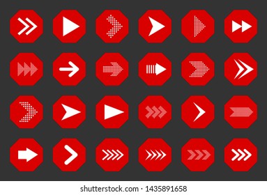 Set of new style octagon red vector arrow icons isolated on black. Arrow icon. Arrow vector icon. Arrow. Arrows vector illustration collection