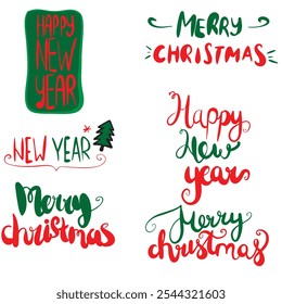 “Hand-drawn set of ‘Happy New Year’ and ‘Merry Christmas’ text with a festive and cheerful style, ideal for holiday greeting cards and seasonal designs.”