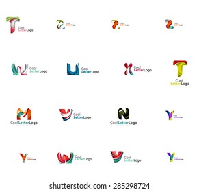 Conjunto de nuevas ideas del logotipo de la empresa universal, colección de iconos geométricos - letras alfabéticas, ondas giratorias y otras formas