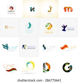 Conjunto de nuevas ideas del logotipo de la empresa universal, colección de iconos geométricos - letras alfabéticas, ondas giratorias y otras formas