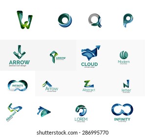 Conjunto de nuevas ideas del logotipo de la empresa universal, colección de iconos geométricos - letras alfabéticas, ondas giratorias y otras formas
