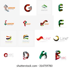 Conjunto de nuevas ideas del logotipo de la empresa universal, colección de iconos geométricos - letras alfabéticas, ondas giratorias y otras formas