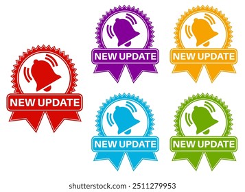 set new update with bell notification sign set. Get new version label symbol template vector illustration