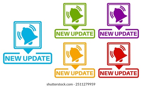 set new update with bell notification sign set. Get new version label symbol template vector illustration