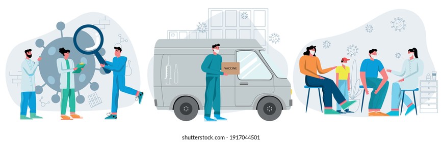 Set of new vaccine for coronavirus. Scientists are developing a vaccine against coronavirus and doctor injects vaccine in a patient's. Vector illustration design