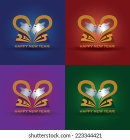 Set of New Year 2015 kissing romantic goats with horns like heart