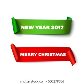 Set of New year 2017 and Xmas red and green realistic curved paper roll ribbon banner isolated on white background. Detailed Merry christmas and HNY paper ribbon for web advertising, promo, sale.