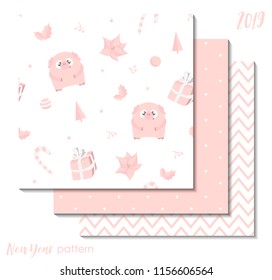 Set of New Year 2019 seamless patterns with pink pigs for scrapbooking