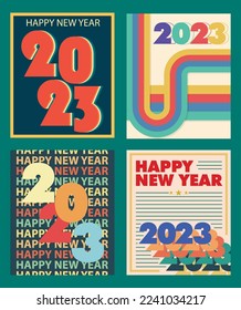 set new año 2023 afiche en ilustraciones vectoriales de estilo retro vintage EPS10