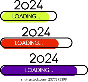 Set of New Year 2024 simple flat loading progress bars in different color variations. Vector illustration.