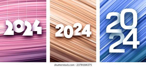 Set of New Year 2024 vertical cards with numbers made of white paper on pink, peach, blue textured backgrounds. Vector illustration.
