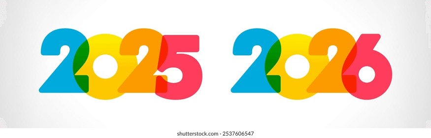 Set of New Year 2025 and 2026 colorful icons. Business titles for calendar or planner. Creative design. Holiday logo. Number isolated template. Bold style. Decoration concept. Web site annual icon.