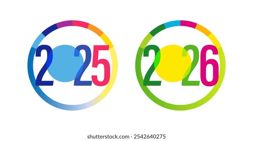 Set of new year 2025 and 2026 round icons. Flat geometric style, colourful design. Badge concept. Business or fiscal year logo template. Web banner. Blue and green colours. Advertising sticker.