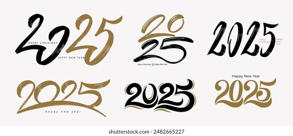 Set of New year 2025 golden typography brush stroke logo design. Collection of luxury Happy new year 2025 gold logo design. With golden truncated lettering number illustrations. Premium vector design.