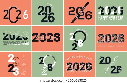 Conjunto de Vector de diseño de año nuevo 2026. 2026 Colección de texto del logotipo en color blanco y negro. Ilustración vectorial sobre fondo colorido.	
