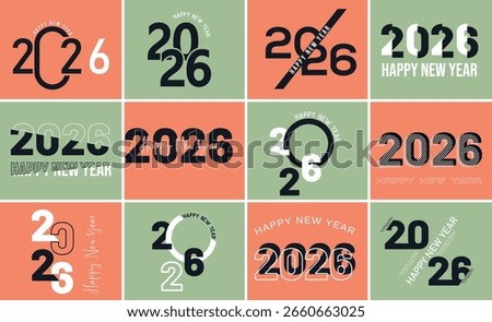 Set of new year 2026 design vector. 2026 Logo text coolection in black and white color. vector illustration on colorful background.	
