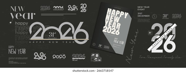 Set von Neujahrs-2026-Postern. Entwerfen Sie eine Reihe von Logos für das neue Jahr 2026. Modernes und fröhliches Design für das neue Jahr. Design für Kalender, Karten, Vorlagen und Social-Media-Beiträge für 2026.
