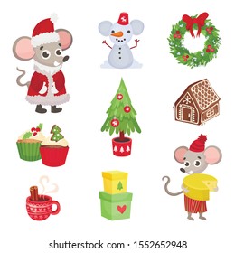 Set of New Year attributes and characters. Vector illustration.