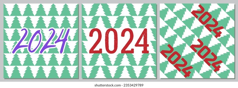 Set von Neujahrshintergründen 2024, Grußkarten, Plakate, Urlaubsbezüge. Weihnachtsschablonen mit Typografie im modernen minimalistischen Stil. Vektorgrafik.