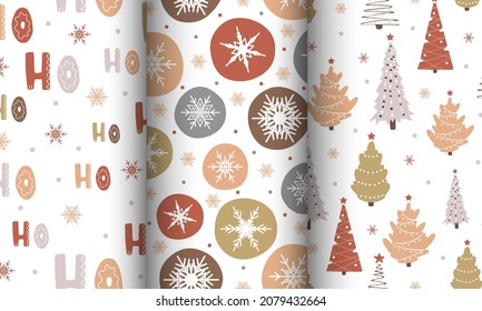 Set with New Year backgrounds. Seamless pattern with snowflakes and christmas tree. Winter print. Vector illustration in flat style.