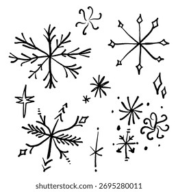 Set of New Year brush stroke or chalk ornate texture snowflakes icons, Christmas patterned black brush hand-drawn isolated elements on white background. Scandinavian Norwegian simple winter print