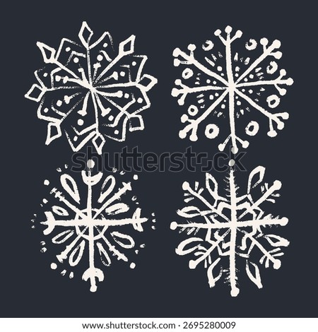 Set of New Year brush stroke or chalk ornate texture snowflakes icons, Christmas patterned white brush hand-drawn isolated elements on background. Scandinavian Norwegian simple winter print editable
