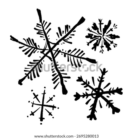 Set of New Year brush stroke or chalk ornate texture snowflakes icons, Christmas patterned black brush hand-drawn isolated elements on white background. Scandinavian Norwegian simple winter print