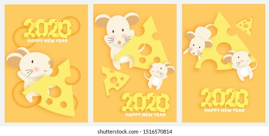 set of new year card. Chinese new year 2020 year of the rat ,  paper cut rat character and cheese for greeting card , poster in paper cut and craft style .