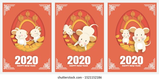 set of new year card. Chinese new year 2020 year of the rat , paper cut rat character  for greeting card , poster in paper cut and craft style .