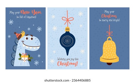 Set new year card. Cute dragon with gift holly and decorative Christmas tree toy with congratulations on blue background with snowflakes. Vector illustration. Xmas holiday vertical card  