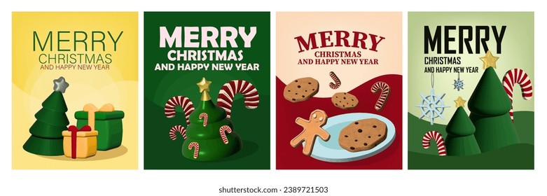 Set of New Year cards. Bright New Year cards with congratulations, Christmas trees, gifts, cookies and sweets. Vector illustration.
