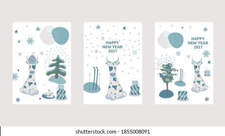 Set of new year cards with the bull symbol 2021 in cartoon style. Blue cool colors with abstract elements for Christmas greetings. Snowflake, gift, skis, skates, hat on head ox. Vector