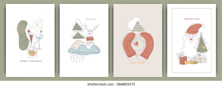 Set of New Year cards, Christmas and winter, modern minimalist art, trend . Fashion illustrations vector,  One line and color shape art 