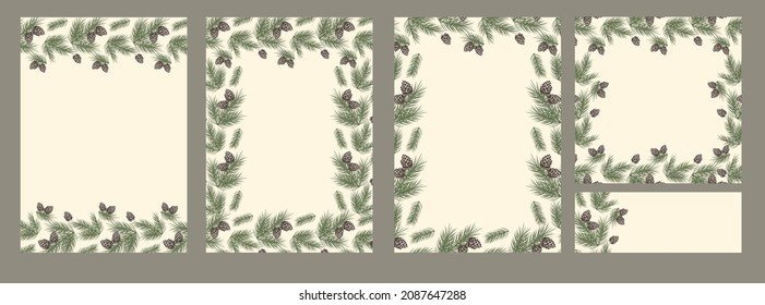 
set of new year cards with fir cones and tree branches