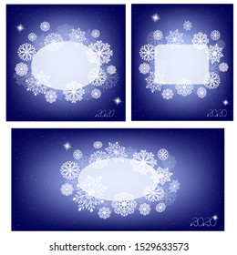 Set of New Year cards with frame and white snowflakes.New year cards with snowflakes in a set.