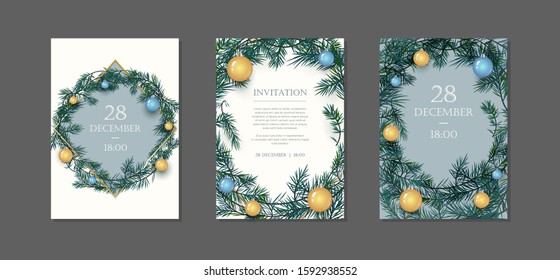 Set of New Year cards for holiday event invitations. With Christmas tree eco style drawn