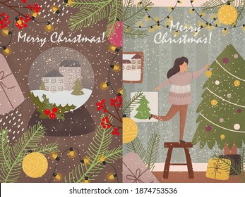 A set of New Year cards with the image of a family, a festive glass and New Year's paraphernalia.
Illustrations for the New Year 2021.
Vector illustrations.