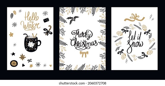 set of new year cards isolated on white background with winter elements and phrases