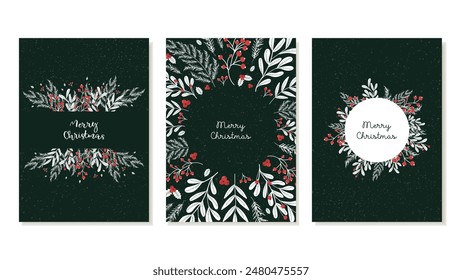 Set of New Year cards in monochrome style on dark background with white branches and leaves, red berries, holly. Vector