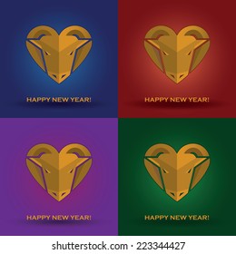 Set of New Year cards with romantic wooden goat's heads with horns like heart on the different backgrounds