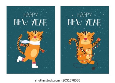 Set of New Year cards with tigers. Vector illustration in cartoon style.