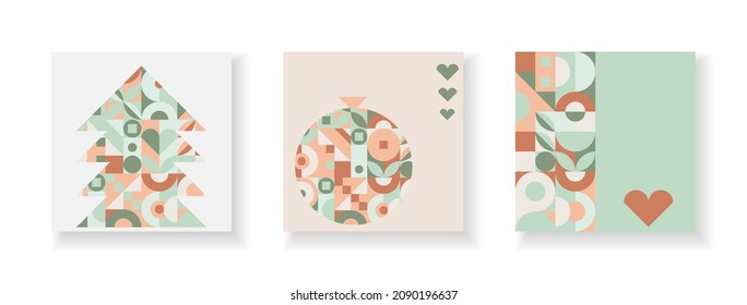 Set of new year cards in ultra modern scandinavian style, flat multicolored vector illustration. Geometric shapes for Christmas patterns - trees, balls, hearts and flowers.