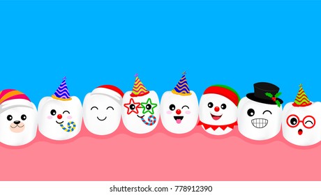 Set of New year celebration tooth characters. Emoticons facial expressions. Funny dental care concept. Illustration isolated on blue background.