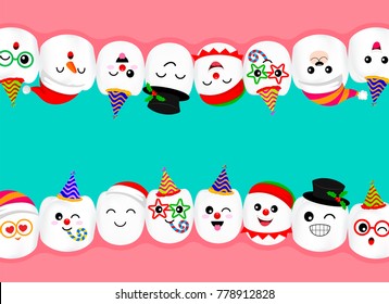 Set Of New Year Celebration Tooth Characters. Emoticons Facial Expressions. Funny Dental Care Concept. Illustration Isolated On Green Background.