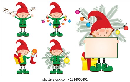 set of new year characters, cute elves in green costumes are preparing for the holiday, postcard, vector illustration